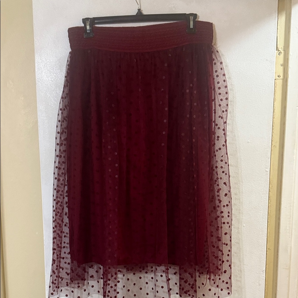 Metro Wear Burgundy Mesh Polka Dot Midi Skirt